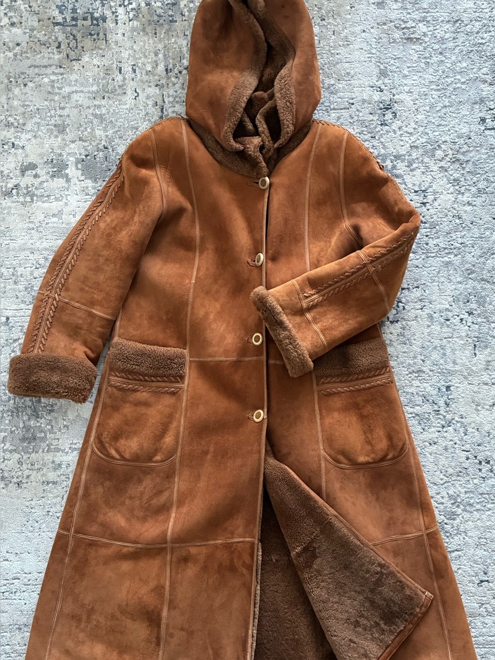 Womens Hooded Suede Shearling Trench Coat in Chestnut